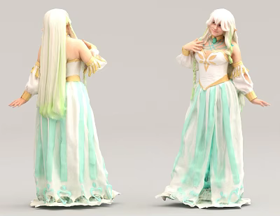 Woman With Long White Hair In White And Light Green Long Dress Front Back Views 3d model