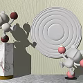 Silver Sculpture Carving Holding Red Pink Balls On Marble Pedestal With Circular Wall Decor