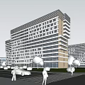 Modern High Rise Building Exterior With Pedestrians Cars Trees And Blue Sky