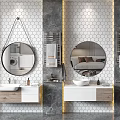 Three Bathroom Vanities With Round Mirrors Hexagonal Tile Walls White Wooden Countertops And Golden Legs