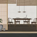 Japanese Interior Tea Table with Chairs Wooden Shoji Screens Bamboo Blinds Hanging Lights