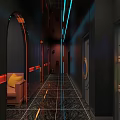 Stylish Bar Interior With Chinese Character Decor Green Neon Lights And Circular Chandelier