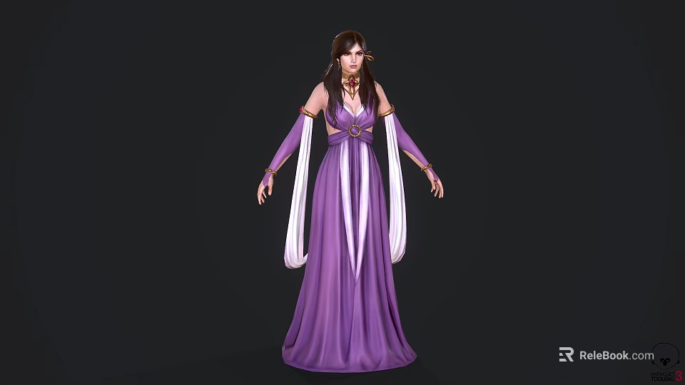 Elegant Female Fantasy Character In Purple Gown With White Sleeve Decorations And Long Flowing Sleeves 3d model 