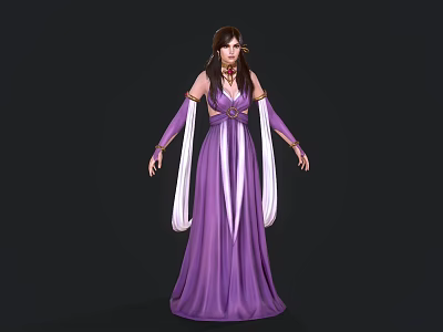 Elegant Female Fantasy Character In Purple Gown With White Sleeve Decorations And Long Flowing Sleeves 3d model
