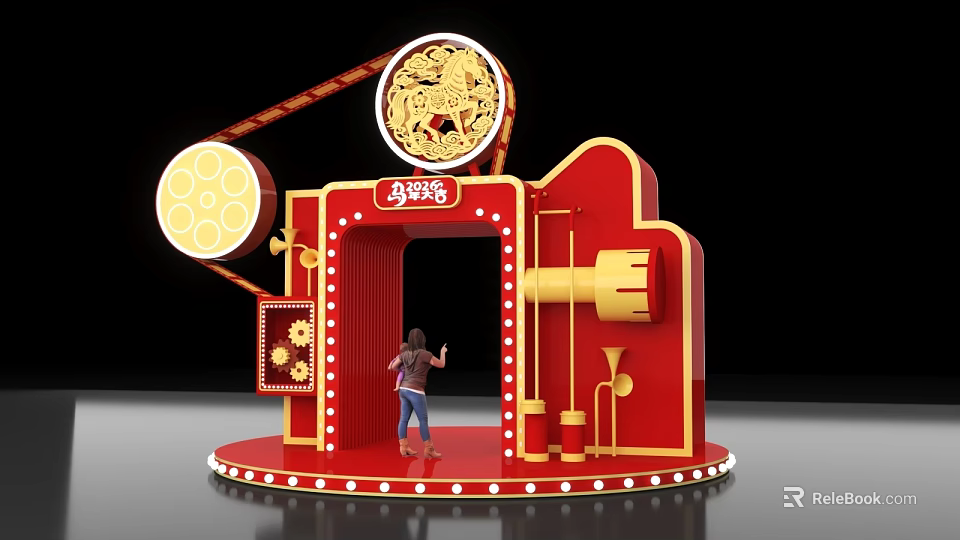 Red Photo Check-in Spot With Golden Dragon Design Movie Projector Elements And White Lights 3d model 