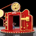 Red Photo Check-in Spot With Golden Dragon Design Movie Projector Elements And White Lights