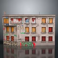 Weathered Old Building Model With Graffiti Covered Walls And Stained Windows