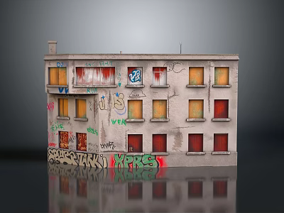 Weathered Old Building Model With Graffiti Covered Walls And Stained Windows 3d model