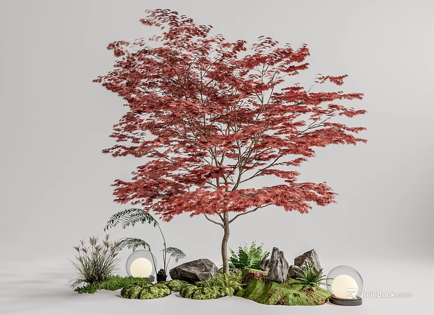 Garden Decorative Piece Featuring Red Tree Stones Green Plants And Globe Lights 3d model 