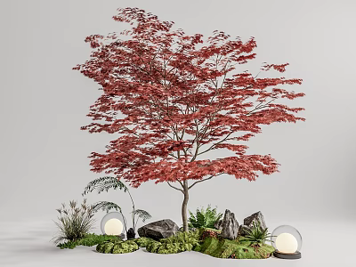 Garden Decorative Piece Featuring Red Tree Stones Green Plants And Globe Lights 3d model