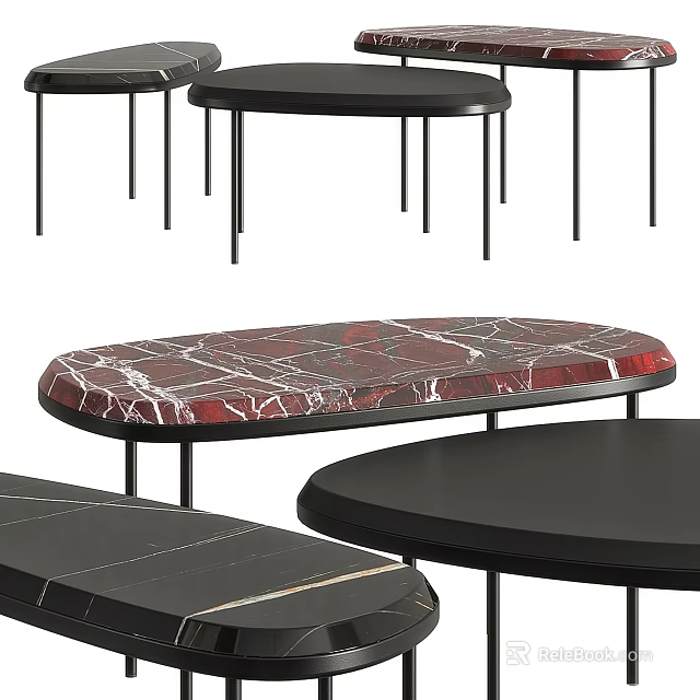 Elegant Modern Coffee Table With Red Marble Top And Black Metal Frame 3d model 