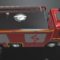 Red Fire Truck Featuring Blue Emergency Lights Yellow Stripes Silver Side Panels and Logo