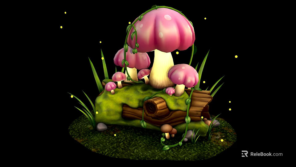 Pink Mushrooms with Vines on Green Mossy Log Surrounded by Grass and Glowing Dots 3d model 