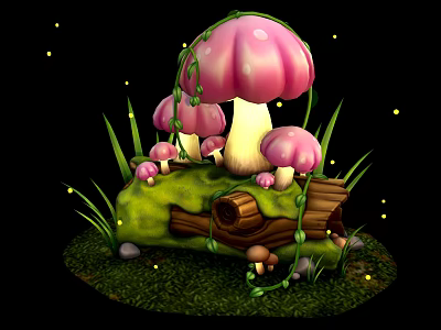 Pink Mushrooms with Vines on Green Mossy Log Surrounded by Grass and Glowing Dots 3d model