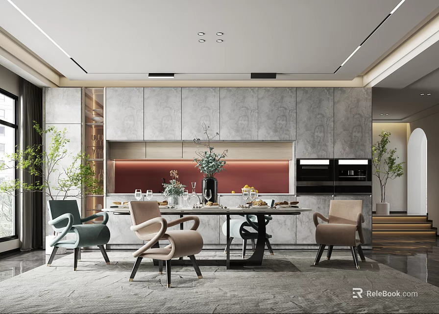 Modern Restaurant Interior With Dining Table Chairs Decorative Plants And Wall Design 3d model