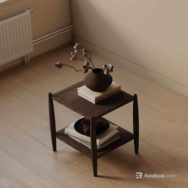 Wooden Side Table Decorative with Dried Flowers Vase Books and Pinecones 3d model 