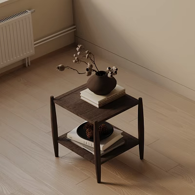 Wooden Side Table Decorative with Dried Flowers Vase Books and Pinecones 3d model