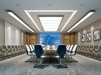 Modern Conference Room With Long Table Comfortable Chairs And Projector Screen 3d model