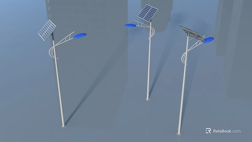 Solar Outdoor Street Lights with White Poles Blue Light Heads and Curved Designs 3d model 