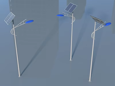 Solar Outdoor Street Lights with White Poles Blue Light Heads and Curved Designs 3d model