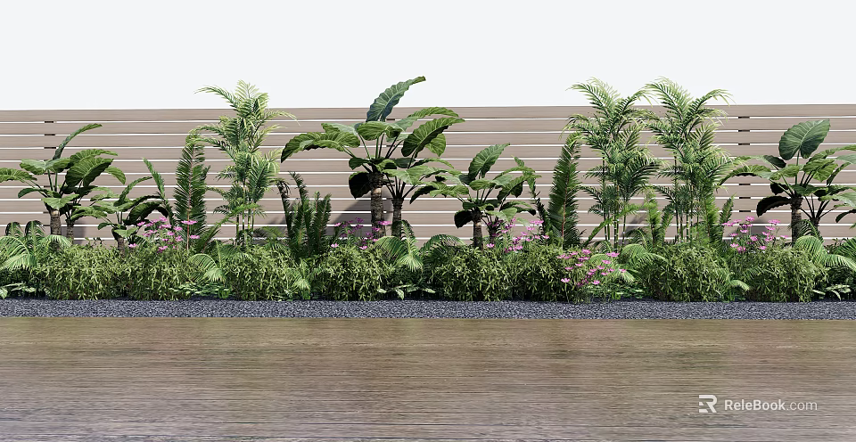 Lush Garden Plants With Palm Trees Banana Plants Green Shrubs And Purple Flowers Against Wooden Fence 3d model 