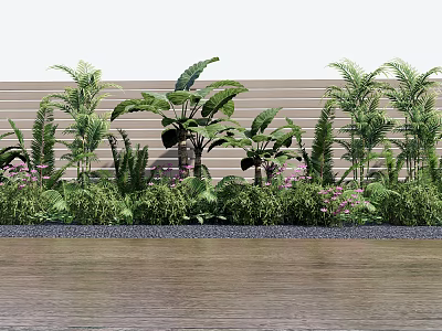 Lush Garden Plants With Palm Trees Banana Plants Green Shrubs And Purple Flowers Against Wooden Fence 3d model