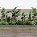 Lush Garden Plants With Palm Trees Banana Plants Green Shrubs And Purple Flowers Against Wooden Fence