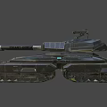 Futuristic Military Tank with Long Cannon Turret and Armored Tracks in Dark Metallic Finish