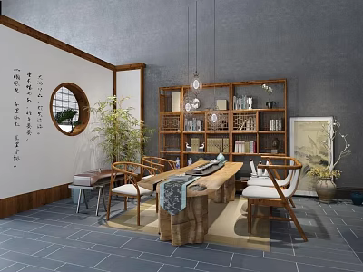 Traditional Chinese Tea Table And Chairs With Bookshelf Calligraphy And Round Window 3d model