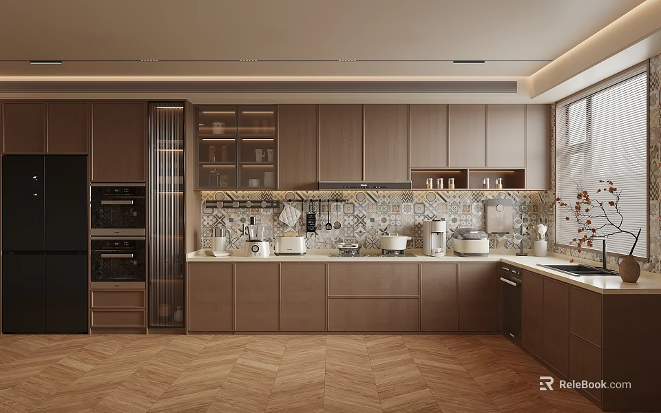 Modern Kitchen Interior Design With Wooden Cabinets Island Counter Tile Backsplash And Appliances 3d model 