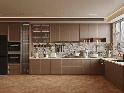 Modern Kitchen Interior Design With Wooden Cabinets Island Counter Tile Backsplash And Appliances 3d model