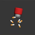 Red Pill Bottle Spilled Orange And White Capsules On Dark Surface 3d model