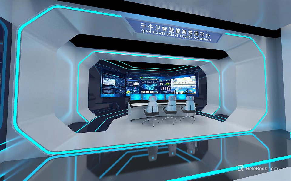 Modern Satellite Monitoring Command Center Control Room With Multiple Screens Control Consoles And Ergonomic Chairs 3d model 