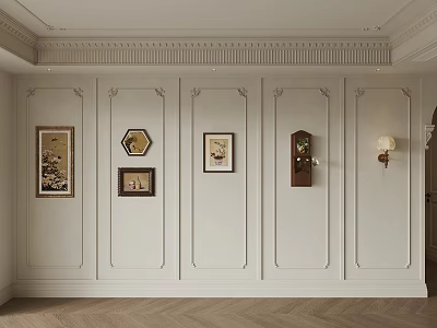 Elegant Wall Design Featuring Plaster Molding Paneled Sections Decorative Paintings Clock and Lamp 3d model