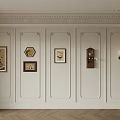 Elegant Wall Design Featuring Plaster Molding Paneled Sections Decorative Paintings Clock and Lamp