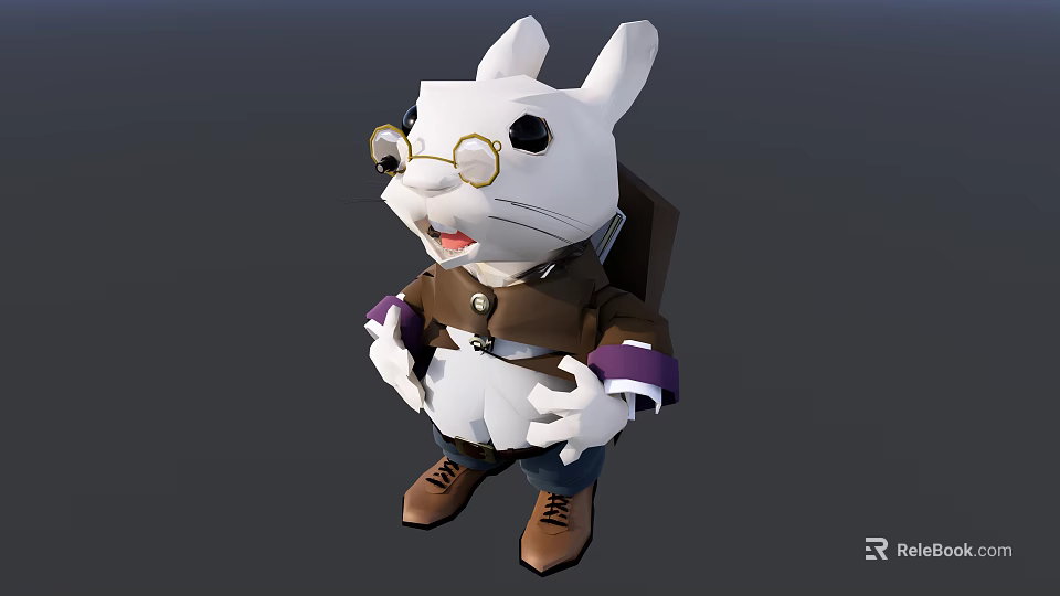 3D Animated Rabbit Character With Round Glasses Brown Coat Purple Cuffs And Backpack 3d model 