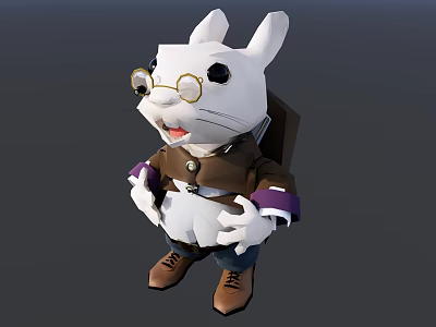 3D Animated Rabbit Character With Round Glasses Brown Coat Purple Cuffs And Backpack 3d model