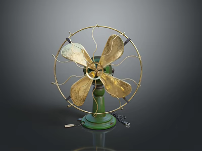 Vintage Computer Cooling Fan With Golden Blades Green Base And Metal Frame 3d model