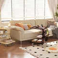 Beige Multi Seater Sofa With Decorative Cushions Rolling Cart Potted Plant And Wooden Floor