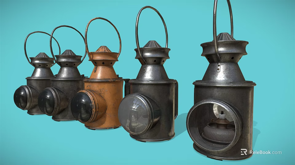 Vintage Multiple Candle Lanterns in Black and Brown With Handles on Light Blue Background 3d model 