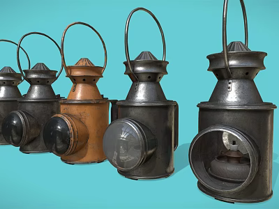 Vintage Multiple Candle Lanterns in Black and Brown With Handles on Light Blue Background 3d model