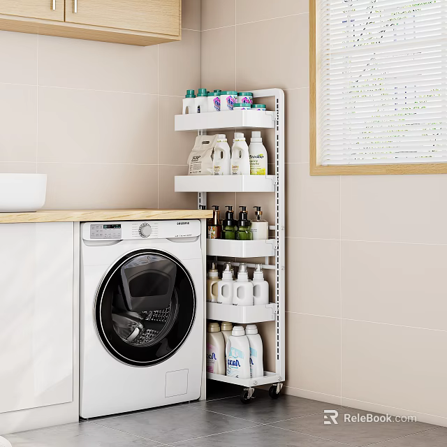 White Multi Tiered Storage Shelf In Laundry Room Organizing Cleaning Supplies And Detergent Bottles 3d model 