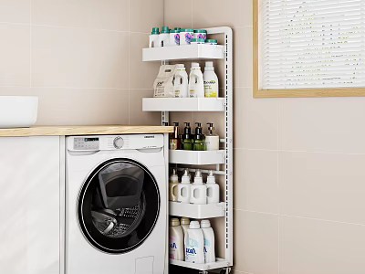 White Multi Tiered Storage Shelf In Laundry Room Organizing Cleaning Supplies And Detergent Bottles 3d model