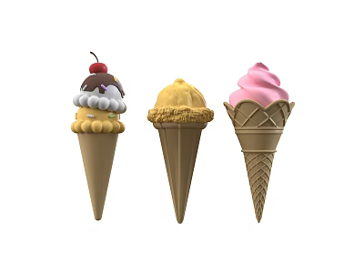 Assorted Waffle Ice Cream Cones with Chocolate Strawberry and Vanilla Flavors and Cherry Topping 3d model