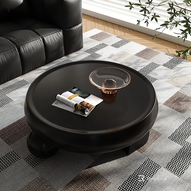 Round Black Coffee Table with Glass Decor and Magazines in Modern Living Room 3d model 