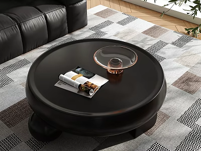 Round Black Coffee Table with Glass Decor and Magazines in Modern Living Room 3d model