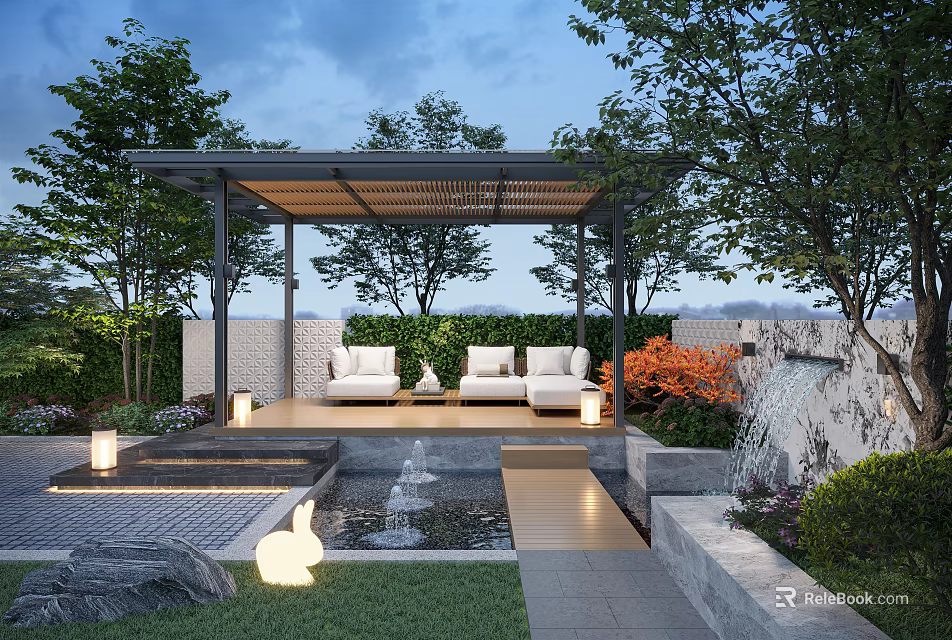 Garden Landscape with Pergola White Chairs Small Table Water Fountain Stone Steps and Green Trees 3d model 
