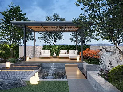 Garden Landscape with Pergola White Chairs Small Table Water Fountain Stone Steps and Green Trees 3d model