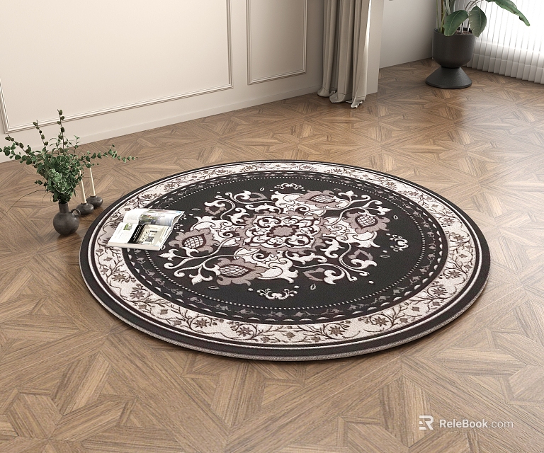 Round Rug With Intricate Floral Pattern On Wooden Floor With Potted Plant And Magazine 3d model 