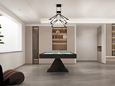Modern Basement Interior Design With Pool Table Storage Cabinets And Pendant Lighting 3d model